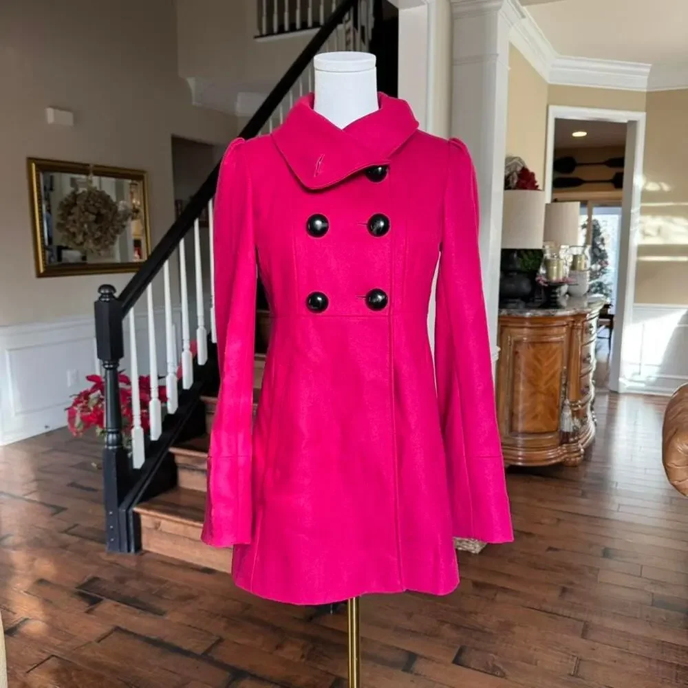 guess hot pink wool blend double breasted coat bow back y2k - Picture 1 of 6